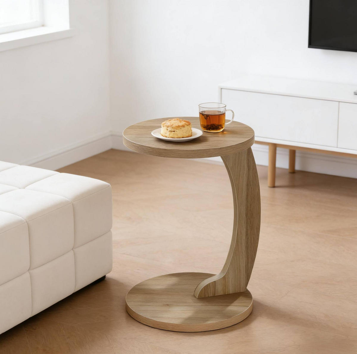 KULATÝ odkládací stolek z MDF 38x38x55 cm světlý dub ve tvaru C, prostorově úsporný - přírodní, kompozitní dřevo (38/38/56cm) - Modfu