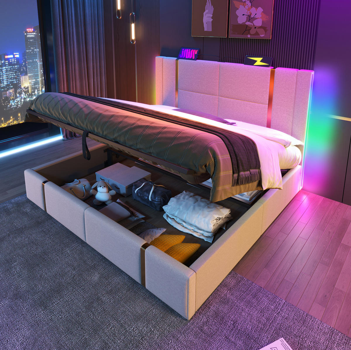 POLSTERBETT mit Stauraum, LED & USB/Typ-C 160x200 cm Beige - Beige, Metall (160/200cm) - Meubliv