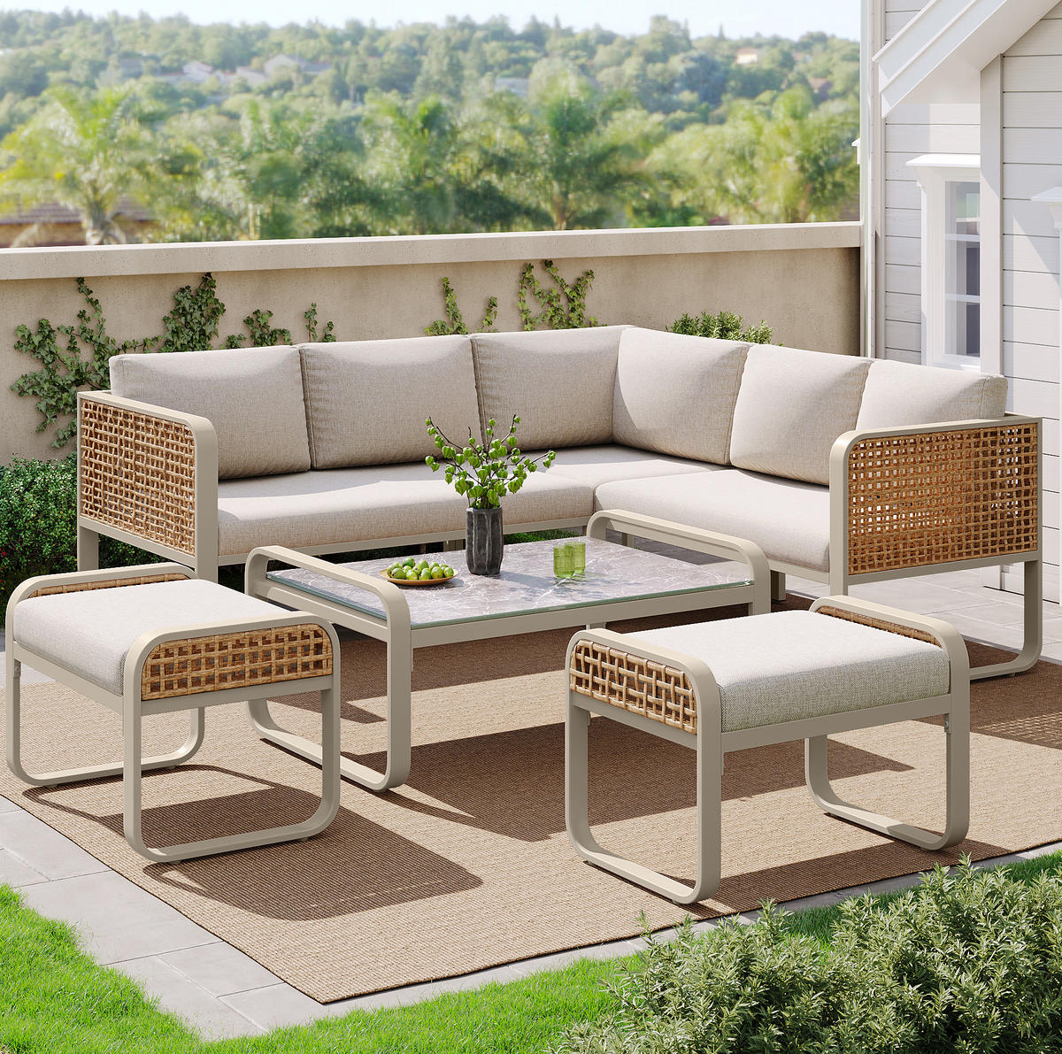 LOUNGEGARNITUR 120/61/69 cm beige aus Metall und Rattan mit Kissen - Beige, Metall - OKWISH