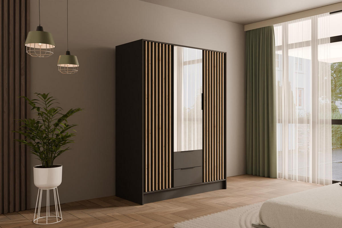 KLEIDERSCHRANK NELIA - 150 cm - Graphitfarben/Eiche Artisan, Holzwerkstoff (150/200/51cm) - ALTDECOR
