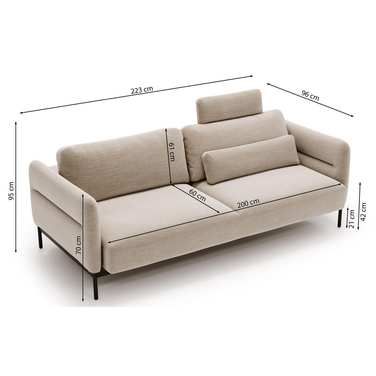 3-SITZER-SOFA Solianero Hellgrau 223 cm - Hellgrau/Schwarz, Textil/Metall (223/95/96cm) - Selsey