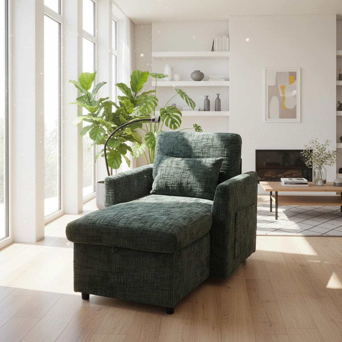 SCHLAFSOFA in Smaragdgrün aus Chenille mit Handyhalterung & Stauraum - Grün, Textil (84.5/87/125cm) - Urban Meuble
