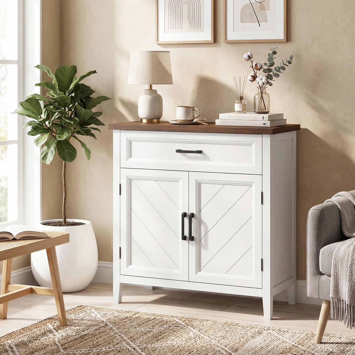 SIDEBOARD Weiß/Holzfarben, 2 Türen, 76/35/80 cm - Weiß, Holz (76/80/35cm) - PANGIVO