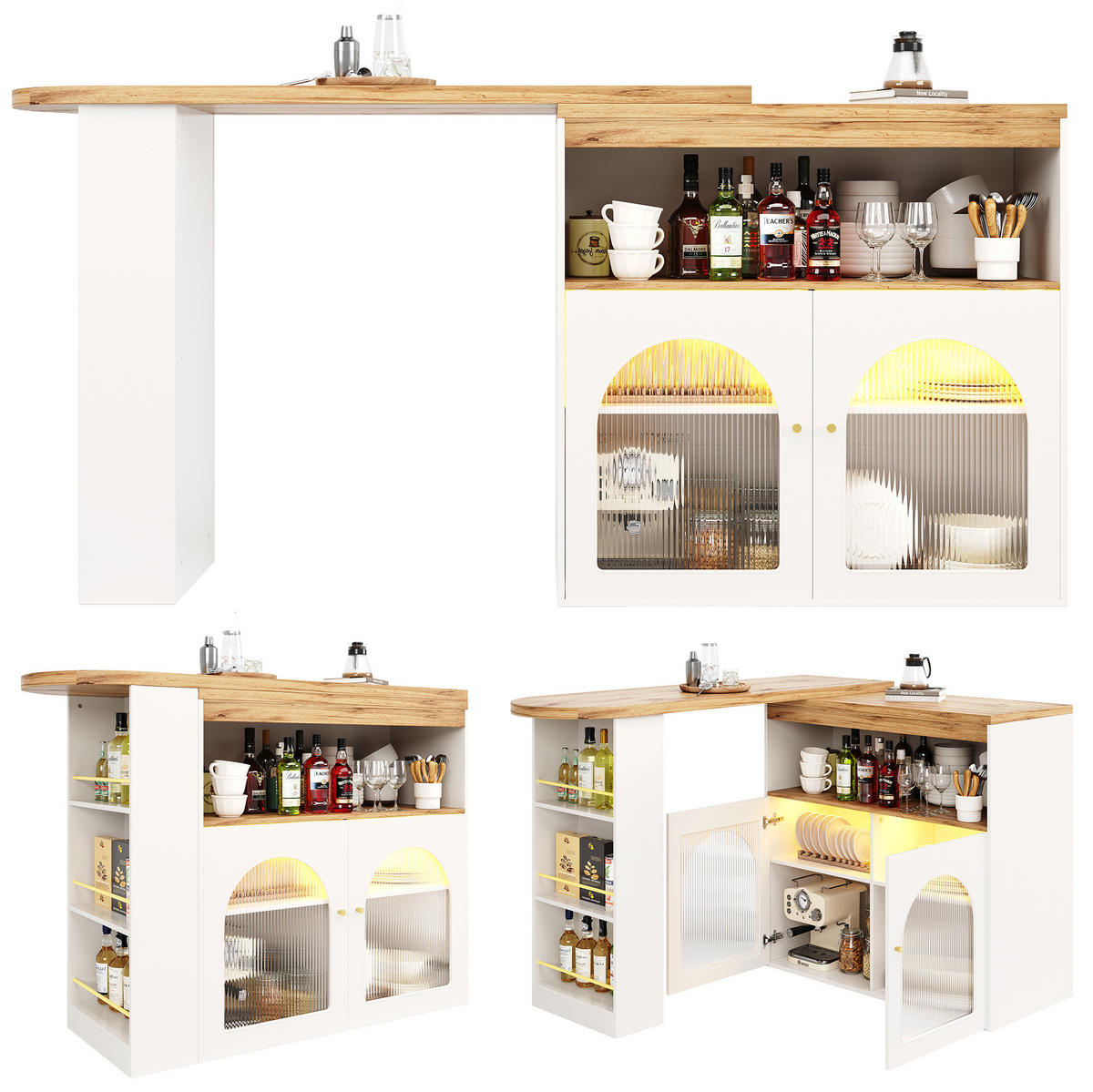 BARTISCH aus MDF 138-193x39x105 cm Weiß drehbar mit LED-Lichtleiste und Stauraum - Weiß, Holzwerkstoff (39/193/105cm) - Modfu