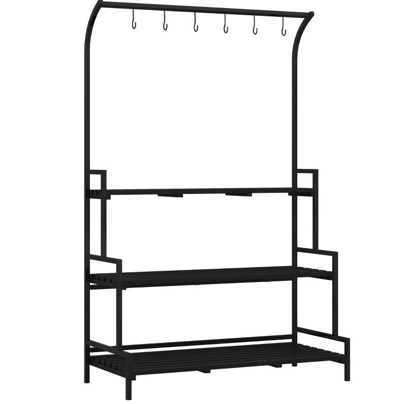 GARTENREGAL aus Metall 110x50x170 cm Schwarz mit 3 Ebenen & 6 Haken - Schwarz, Metall (50/170/110cm) - Modfu