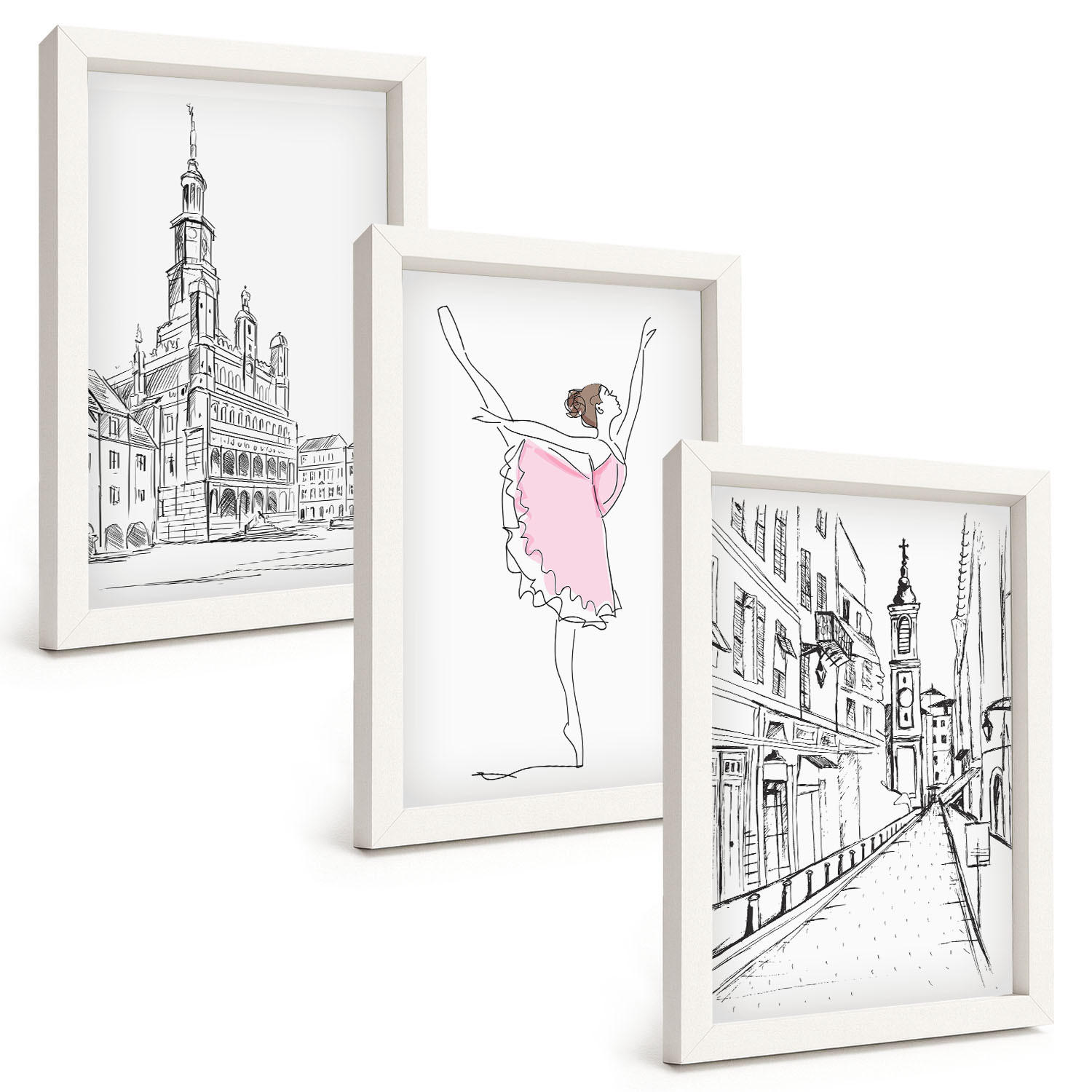 BILDER SET 3er Set - 20x30 cm Weißer Rahmen - Stilvolle Ballerinen und Architektur - Weiß, Kunststoff (20/30cm) - TULUP