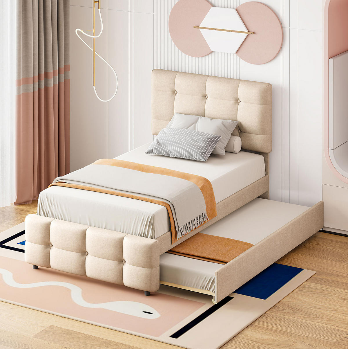 POLSTERBETT 90/200 cm mit Ausziehbett, verstellbarem Kopfteil und Leinenpolsterung, Beige - Beige, Textil (90/200cm) - Redom