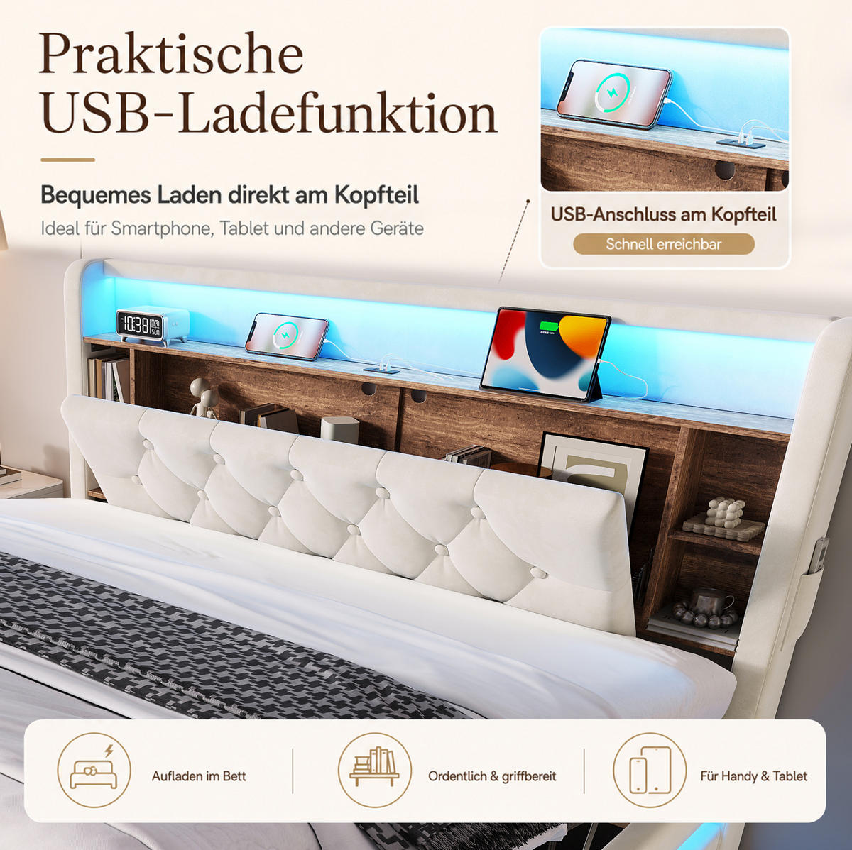 POLSTERBETT aus Samt 160x200 cm Beige mit Bettkasten, LED-Beleuchtung, USB- und Type-C-Anschlüssen - Beige, Textil (160/200cm) - Modfu