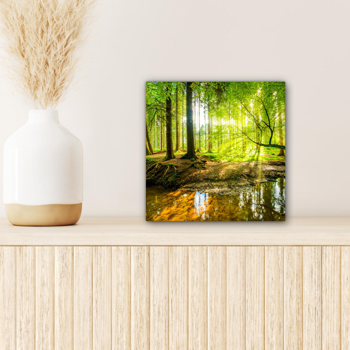 LEINWANDBILD Wald - Landschaft - Wasser - Bäume - Sonne - Grün - Natur 20x20 cm - Grün, Textil (20/20cm) - MuchoWow