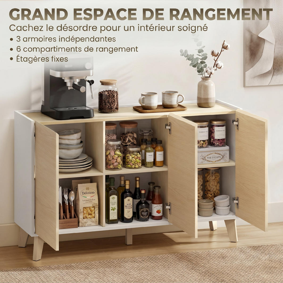 SIDEBOARD Holzfarben und Weiß, 3 Türen, 120/35/73,5 cm - Weiß, Holz (120/73.5/35cm) - PANGIVO