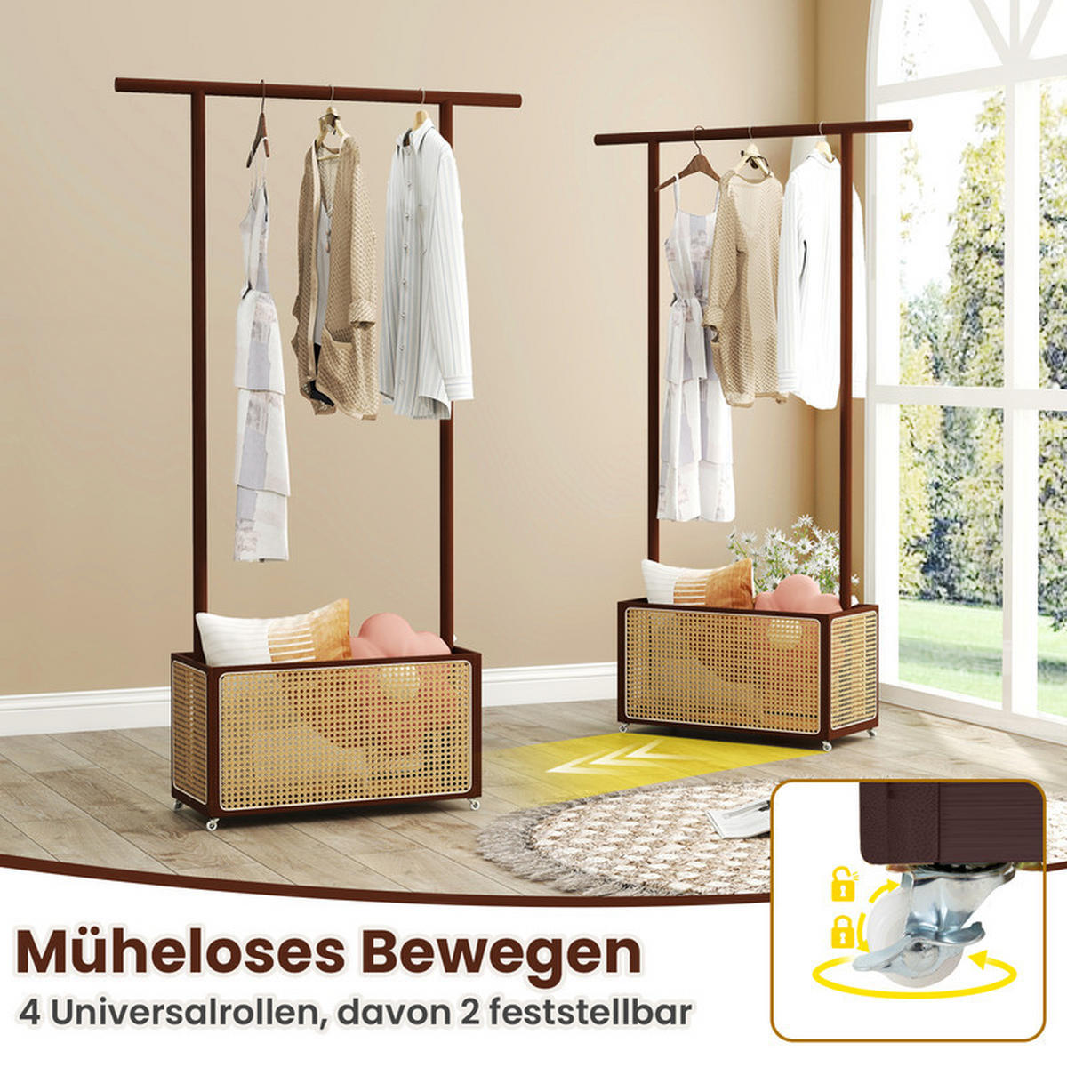 GARDEROBENSTÄNDER mit PE-Rattan-Aufbewahrungskorb braun - Braun, Naturmaterialien (100/172/32.5cm) - COSTWAY