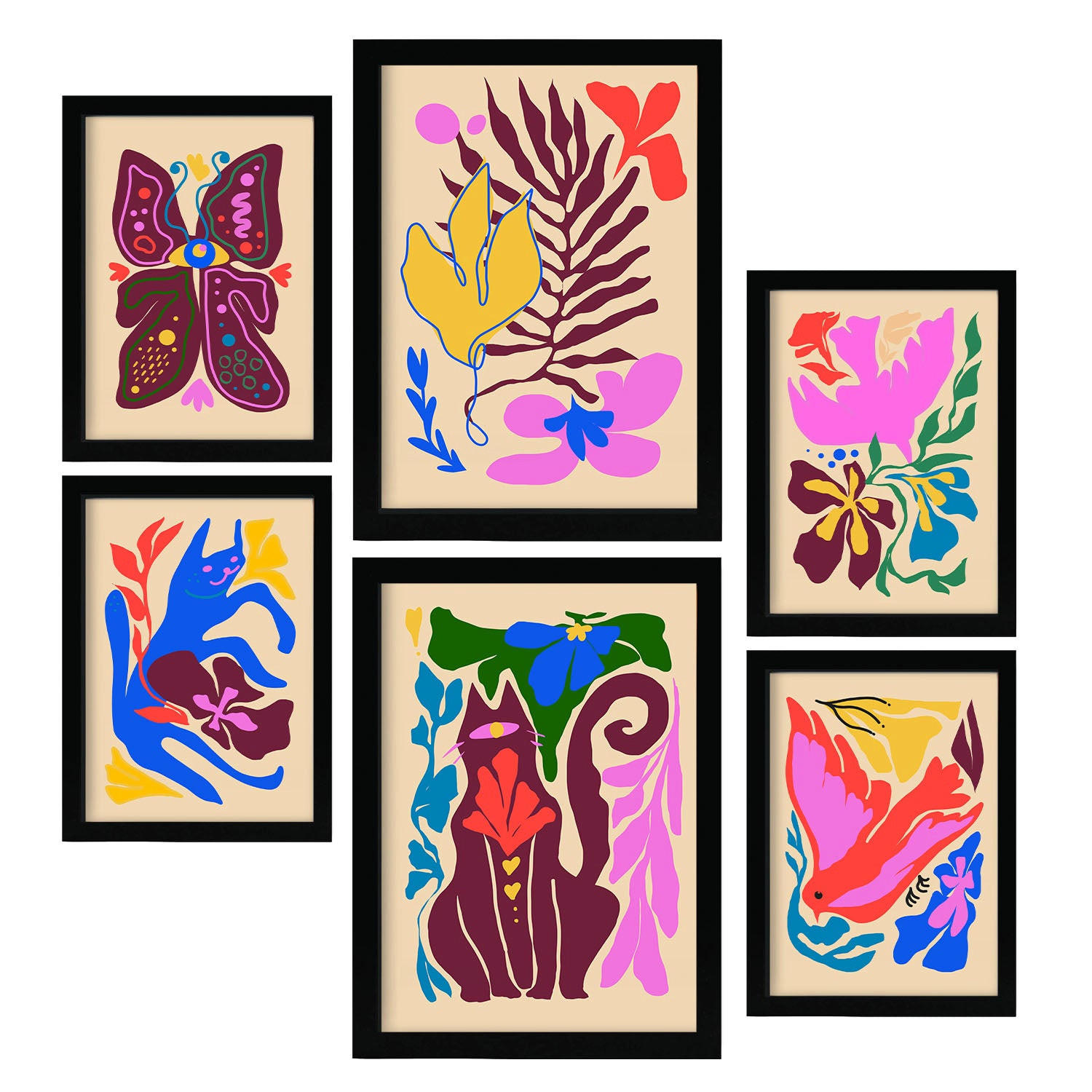 POSTER Set Mit 6 Malerisch 1 In Tiere Abstracts Ästhetische Dekorative Gemälde Für Ihr Wohnzimmer, Schlafzimmer, Zuhause A3 & A4 Schwarzer Rahmen - Schwarz, Papier (29/3cm) - Nacnic