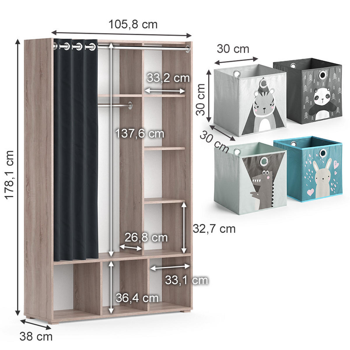 KINDERKLEIDERSCHRANK Luigi Sonoma 105.8 x 178.1 cm Mit Faltboxen (grau) - Grau/Sonoma Eiche, Holzwerkstoff (105.8/178.1/38cm) - Vicco