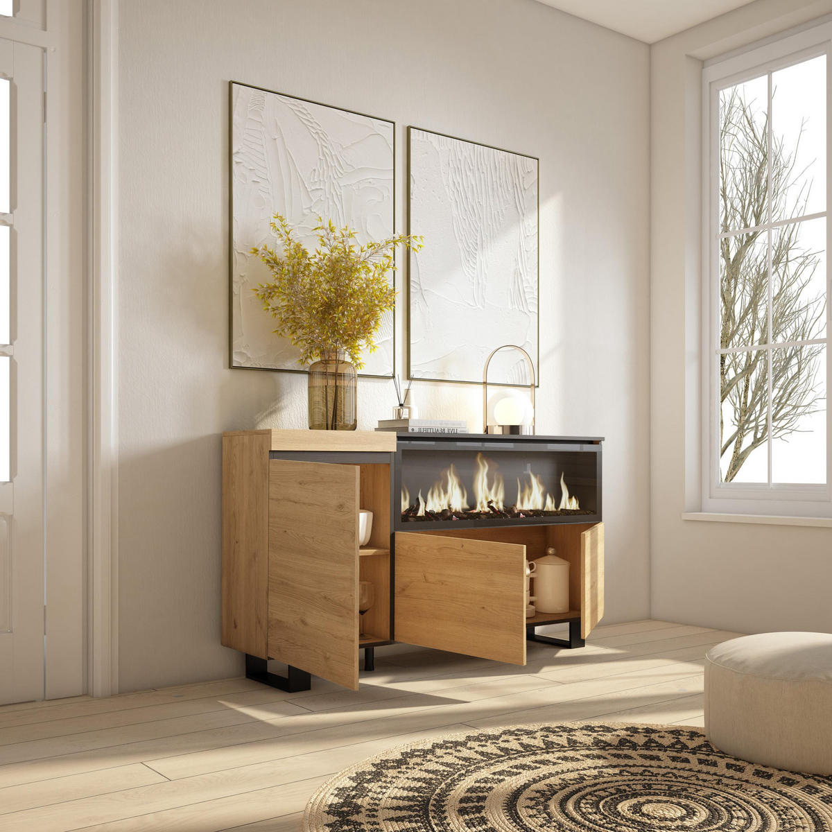 SIDEBOARD Highboard, Elektrokamin XXL, eiche, 158/35/87cm - Eichefarben/Schwarz, Holzwerkstoff (158/87/35cm) - Skraut Home