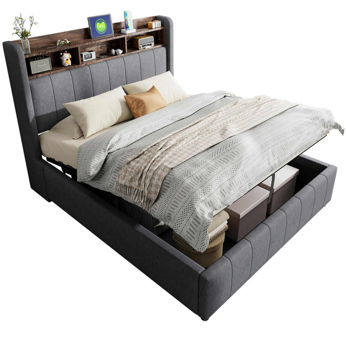 ČALÚNENÁ posteľ z ľanovej látky 140x200 cm sivá s LED osvetlením, USB a úložným priestorom - sivá, textil (140/200cm) - Modfu