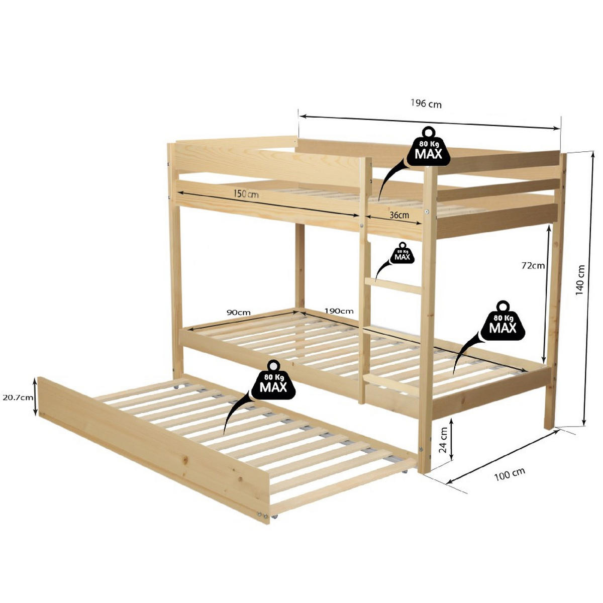 ETAGENBETT WALLY mit Schublade-Bett/ 3x 90x190 - Massivholz - Multicolor, Holz (90/190cm) - Weber Industries
