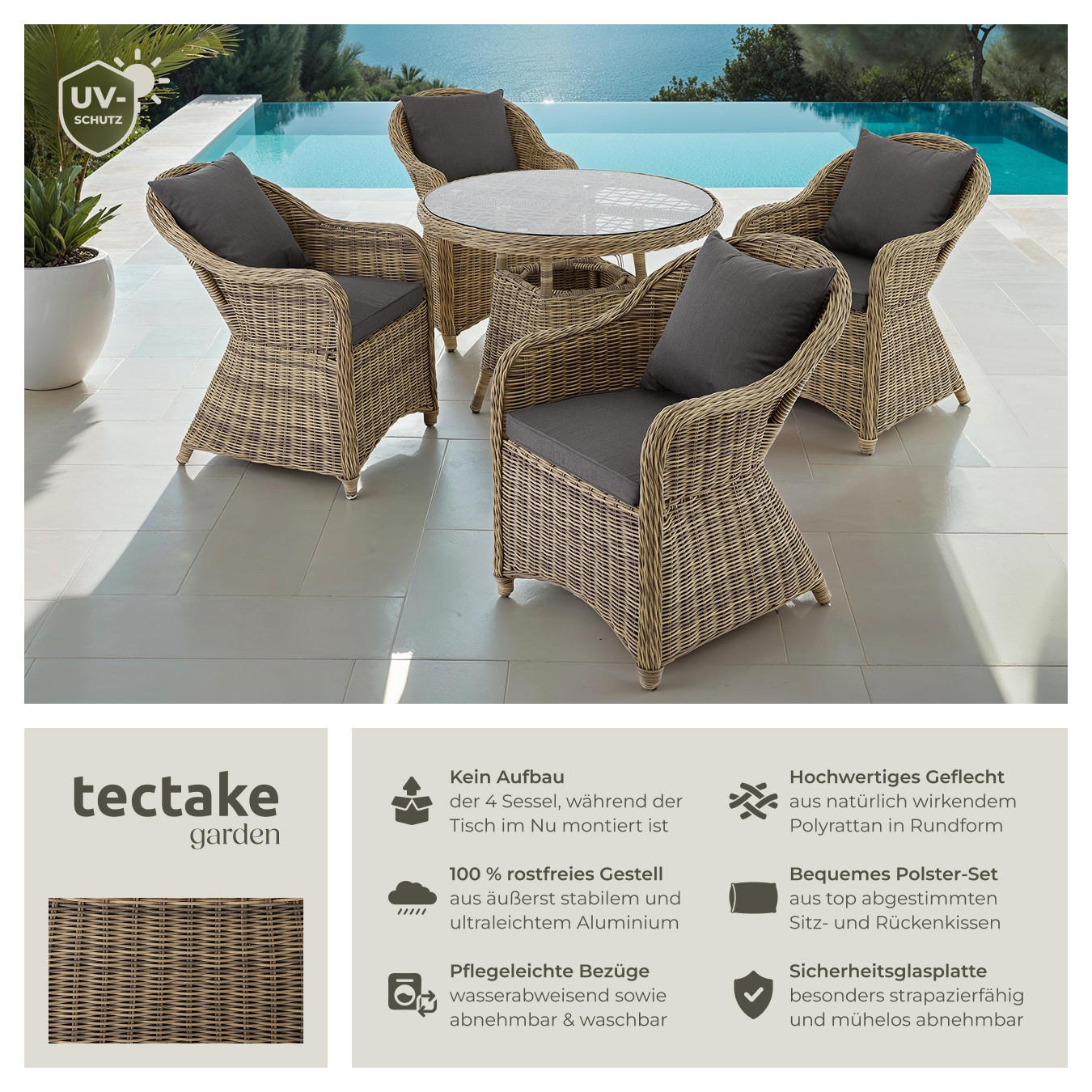 RATTAN SITZGRUPPE Zürich,Stühle vormontiert,natur - Naturfarben, Kunststoff - tectake