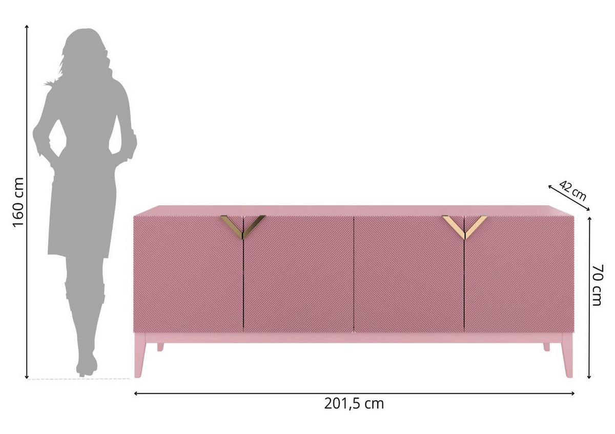 SIDEBOARD Demi Long, Pink-Gold, Mit Gefrästen Fronten, Massive Buche - Rosa, Holz/Holzwerkstoff (201.5/70/42cm) - Visby