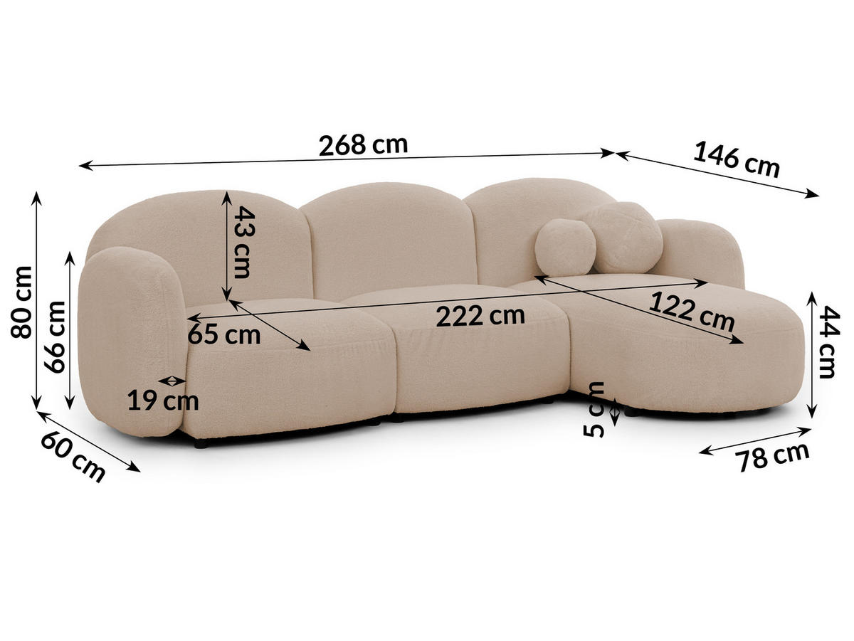ECKSOFA Nuvola mit abgerundetem Design Hellbeige Bouclé-Stoff - Ottomane Rechts - Beige/Schwarz, Holz/Kunststoff (268/146cm) - S-Style Möbel