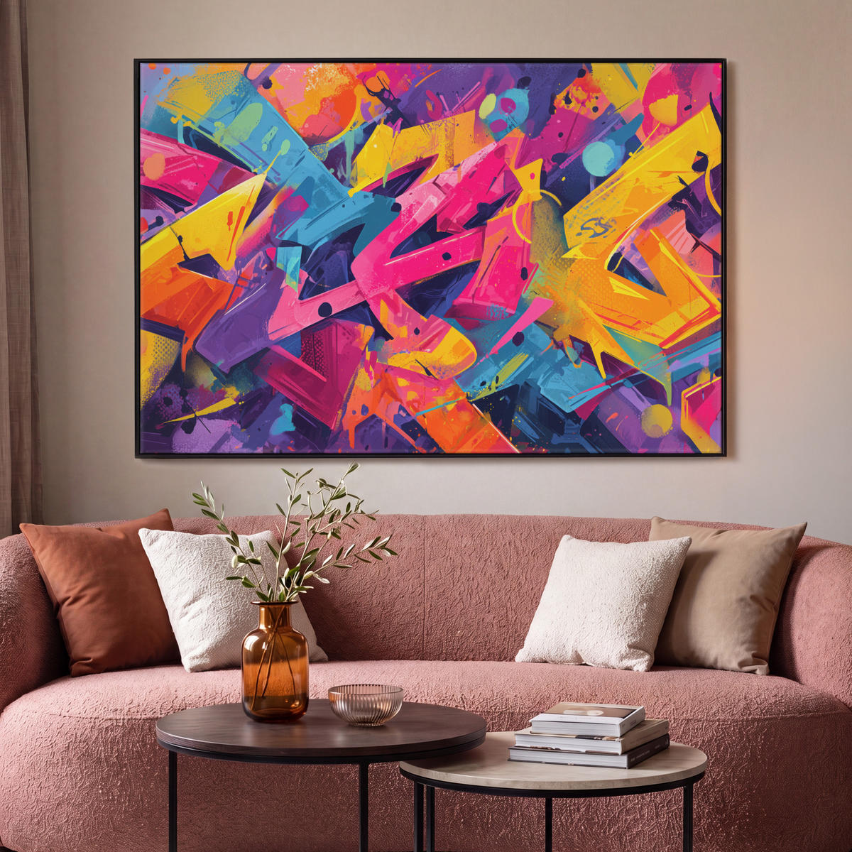 LEINWAND Bilder mit Rahmen - Abstrakt - Formen - Farbenfroh - 150x100 - Magenta, Textil (150/100cm) - MuchoWow