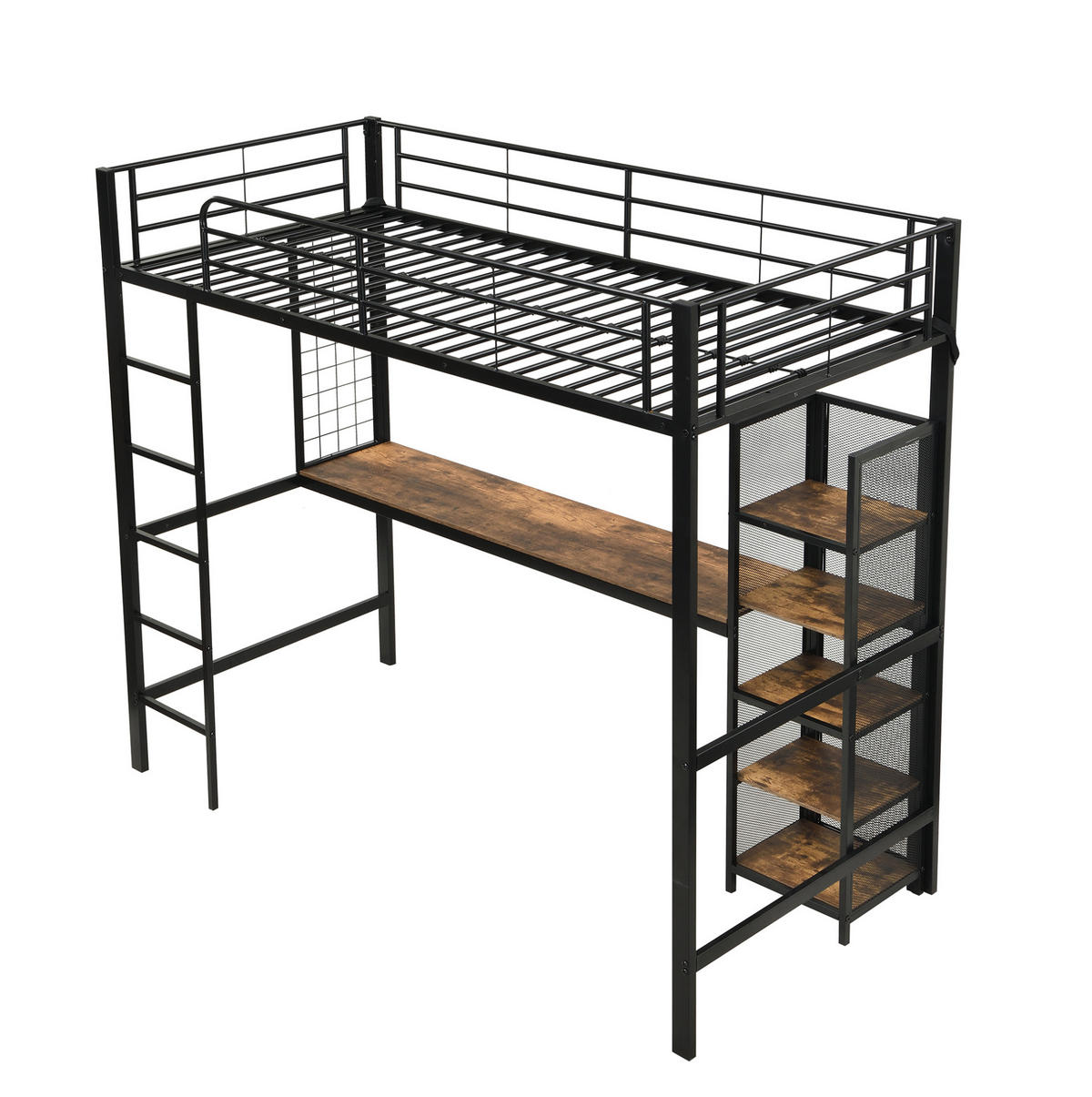 HOCHBETT 90/200 cm aus Metall und MDF mit Tisch und Regalfächern Schwarz-Dunkle Holzfarbe - Schwarz, Holzwerkstoff (90/200cm) - Modenvie