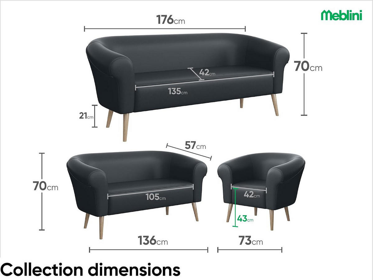 SOFA Emilia (3-Sitzer) - Dunkelgrau/Buchefarben, Holzwerkstoff/Buchenholz (176/70/57cm) - Meblini