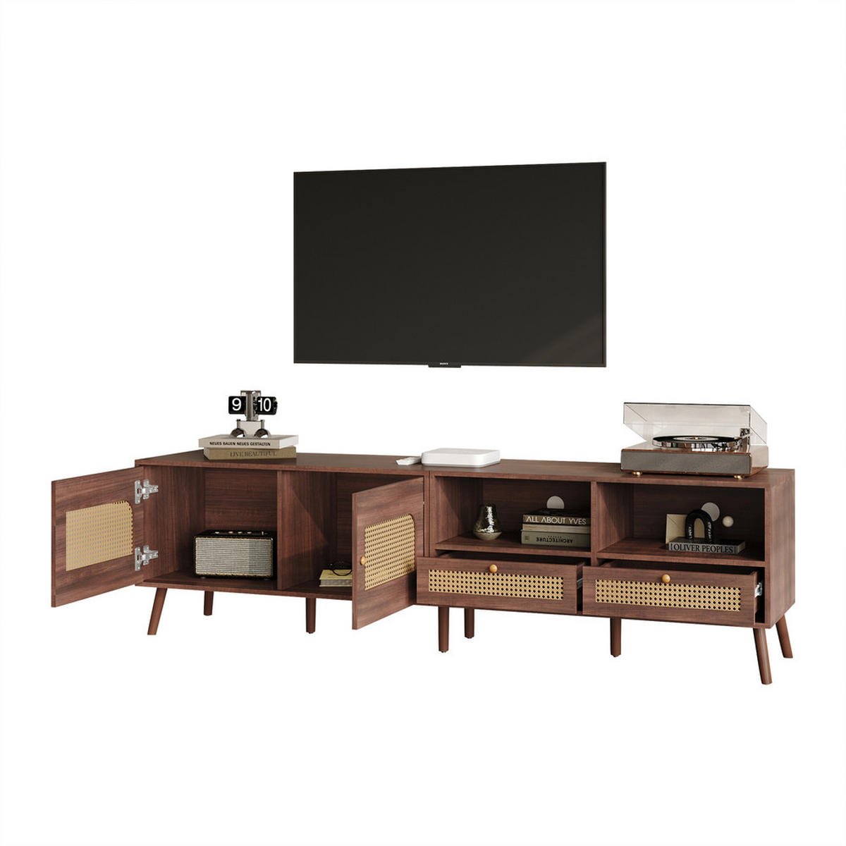 TV Schrank 200 cm für 80 Zoll mit Rattantüren und Schubladen - Braun, Holz (43.82/49.5/62.87cm) - FLIEKS