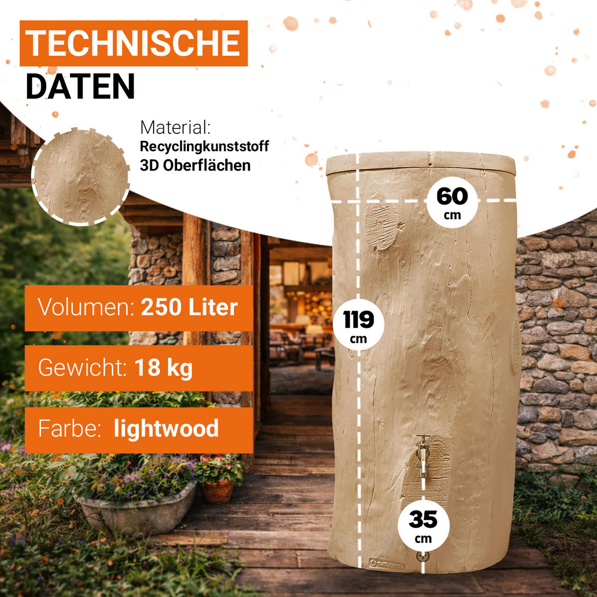 STOCK Regentonne 250 L, light - Braun, Kunststoff (60/119/60cm) - GARANTIA