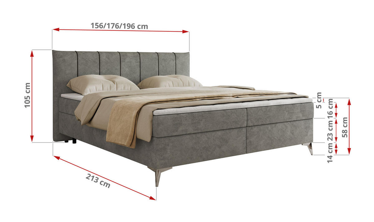 BOXBETT DRINEA 160/200 - Grau Velours - H4 - Grau, Textil (160/200cm) - MKS