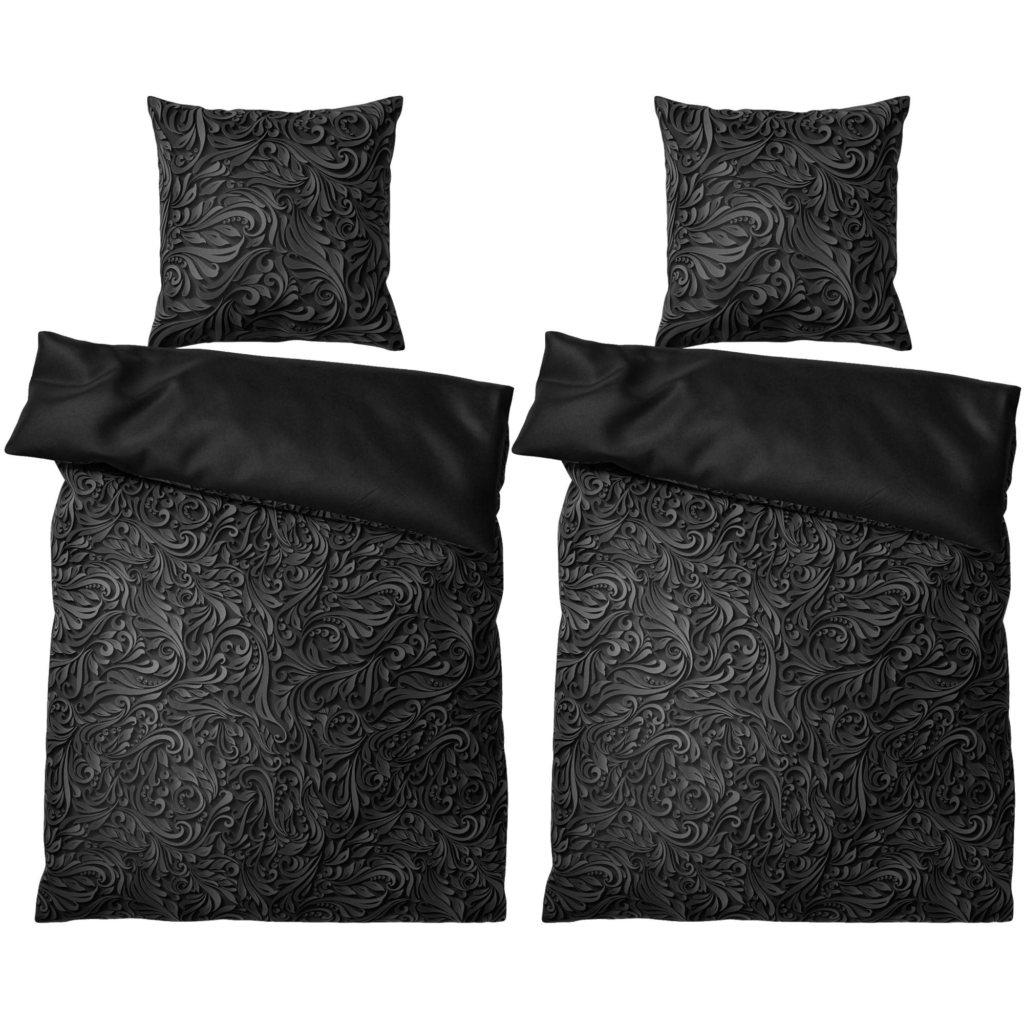 BETTWÄSCHE 4-teilig Floral - Schwarz, Naturmaterialien (135/200cm) - Sanilo