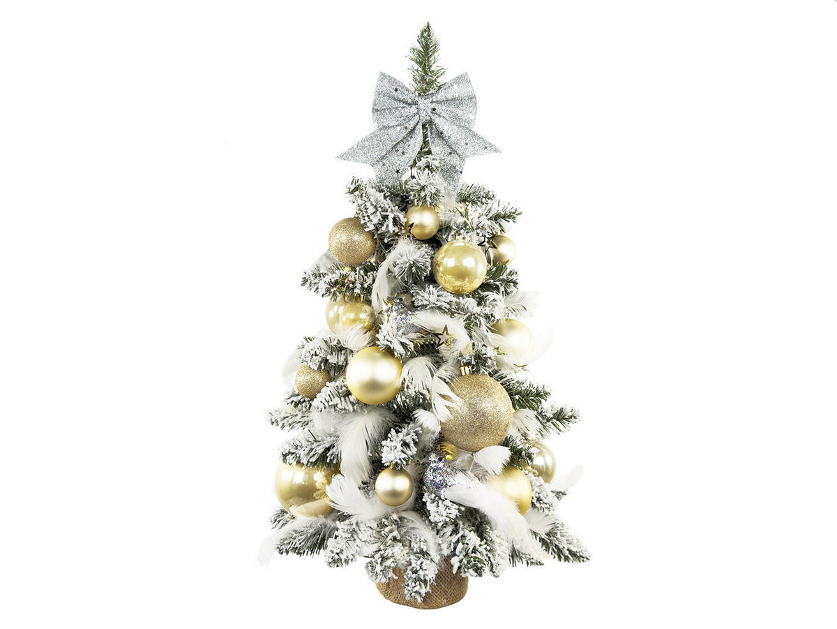 WEIHNACHTSBAUM künstlicher 60 cm mit LED-Beleuchtung, GOLDWEIHNACHTEN, mit 34 Weihnachtsbaumschmuck, Pflanztopf mit Jutesack - Champagner/Silberfarben, Kunststoff/Stein (40/60cm) - LAALU