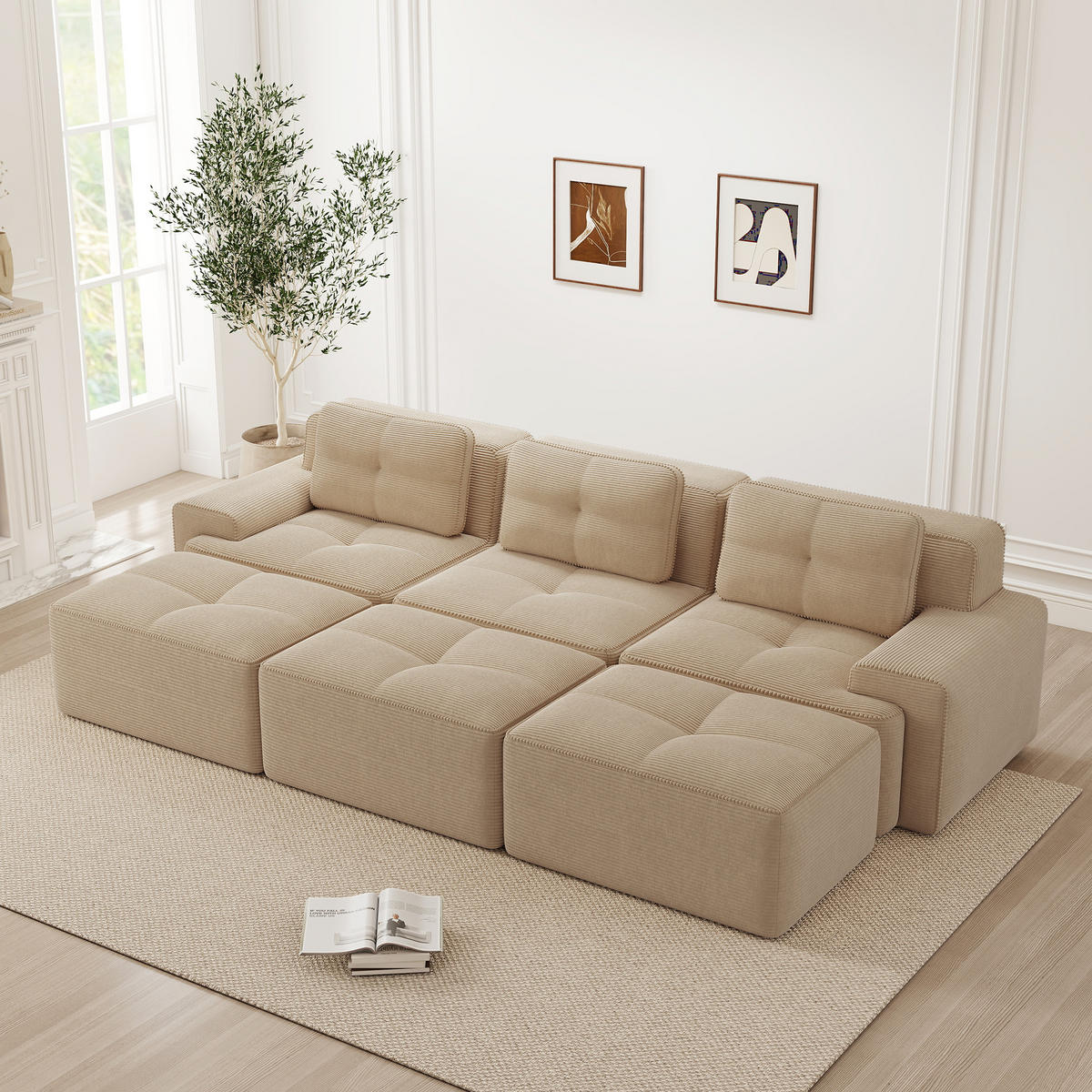 3-SITZER Sofa 293x177x69 cm aus Cordstoff rahmenlos modular mit 3 Hockern, beige - Beige, Textil (177/69/293cm)