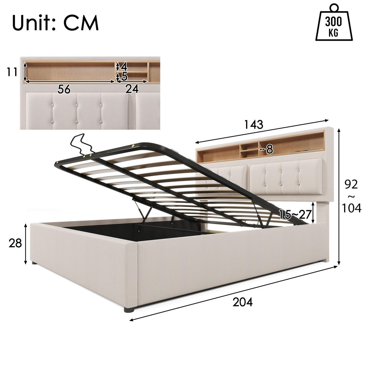 POLSTERBETT mit Stauraum & USB 140x200 cm Beige inkl. Matratze - Beige, Metall (140/200cm) - Meubliv