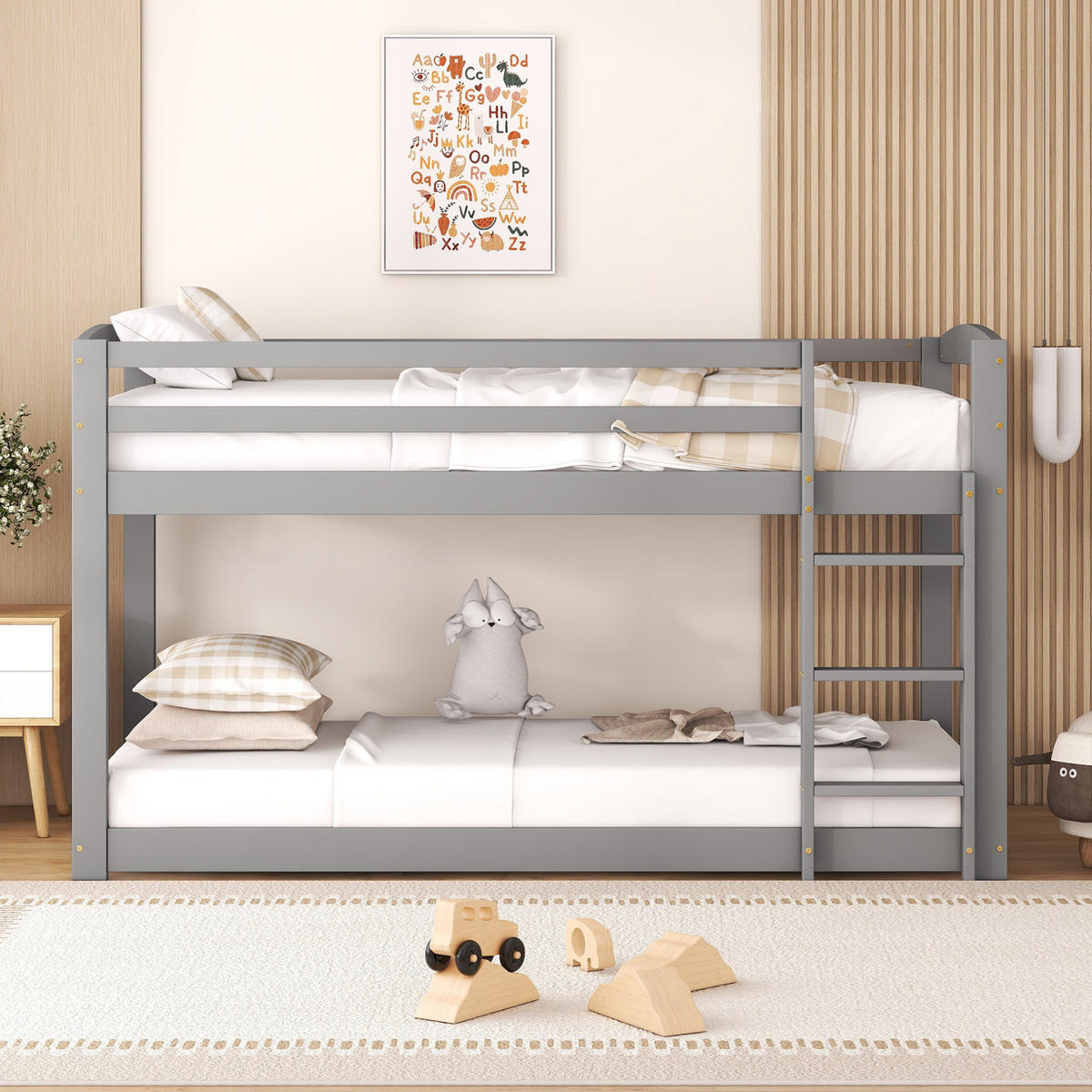 ETAGENBETT 90/200 cm mit niedriger Bauweise und Sicherheitsgeländer aus Kiefer massiv, Natur - Grau, Holzwerkstoff (90/200cm) - Redom