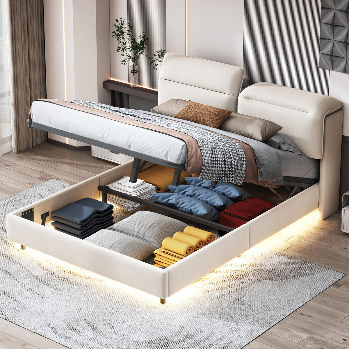 POLSTERBETT 160x200 cm, Beige, Doppelbett mit Stauraum & LED-Beleuchtung - Beige, Textil/Metall (160/200cm)