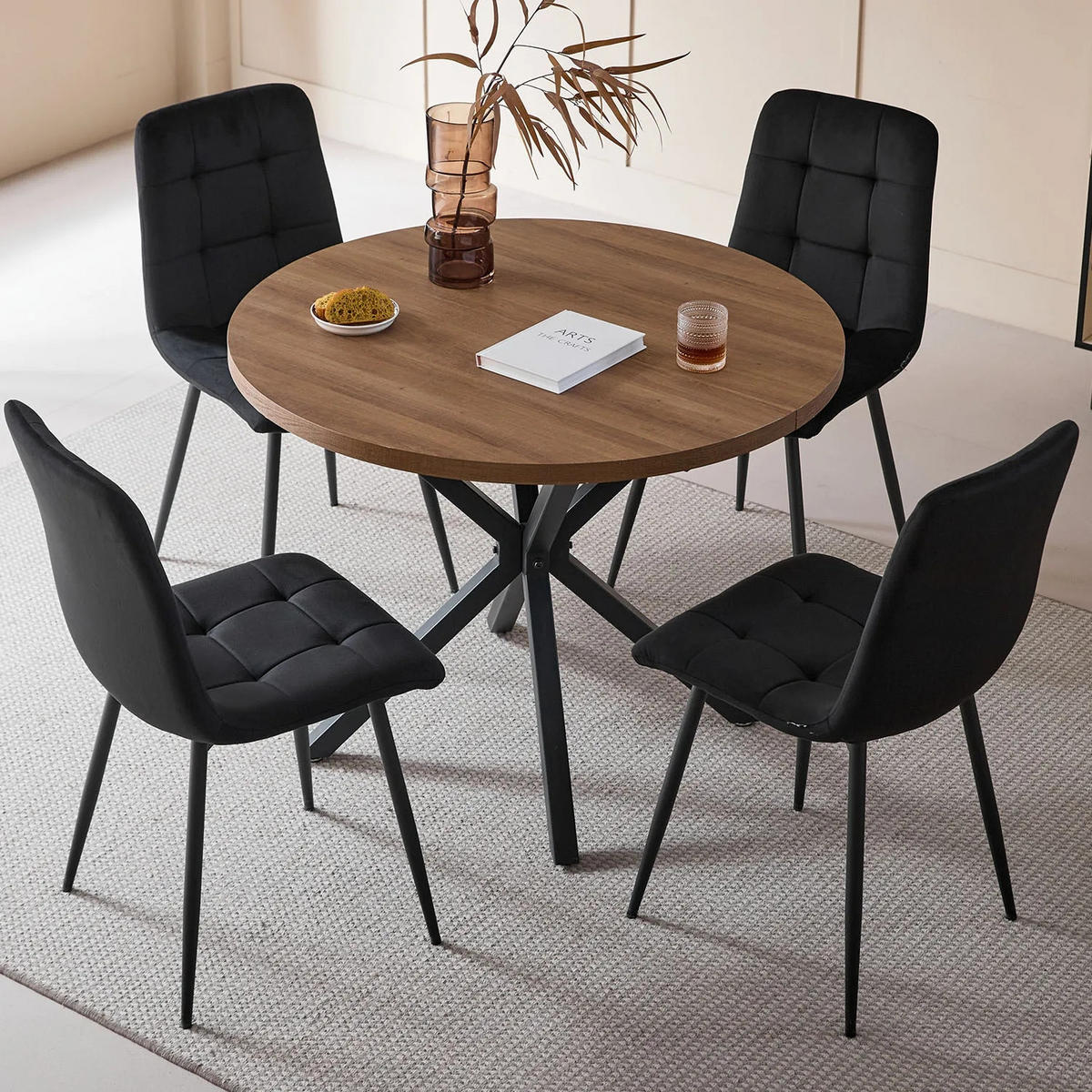 ESSZIMMERSTUHL Samtsitz Design Metallgestell Schwarz 4-teilig - Schwarz, Textil (43/89.5/44cm)