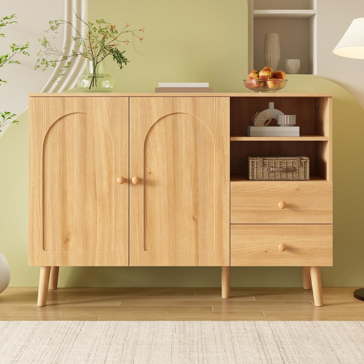 SIDEBOARD Gewölbte Türen Holzfüße 2 Schubladen 2 Fächer Modern - Naturfarben, Holzwerkstoff (118/82/35cm) - FLIEKS