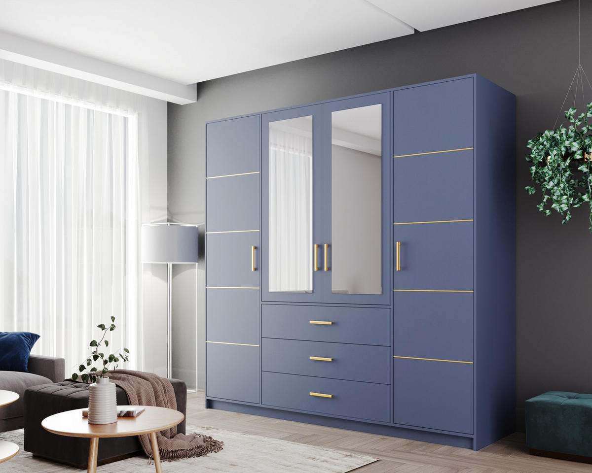 DREHTÜRENSCHRANK ELISE 147/200/57,5 cm 4-türig mit Spiegel Blau - Blau, Holzwerkstoff (147/200/57.5cm) - MASSENO