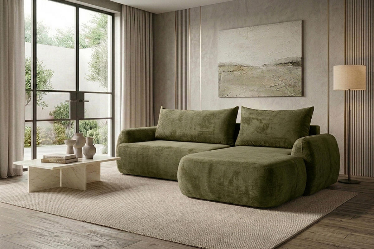 ECKSOFA Mit Schlaffunktion Und Bettkasten, Chenille-Stoff Perfecto, Grün, Rechts, HELA II - Grün, Holz (280/184cm) - Kaiser Möbel