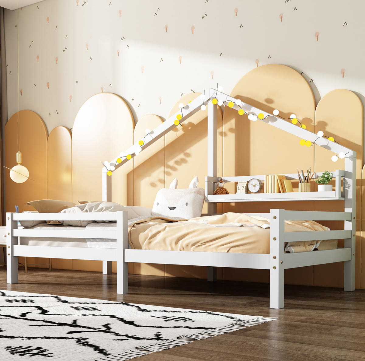 KINDEREINZELBETTEN aus Kiefer 90x200 cm in Weiß mit Ablageregal & Rausfallschutz - Weiß, Holz (90/200cm) - Modfu