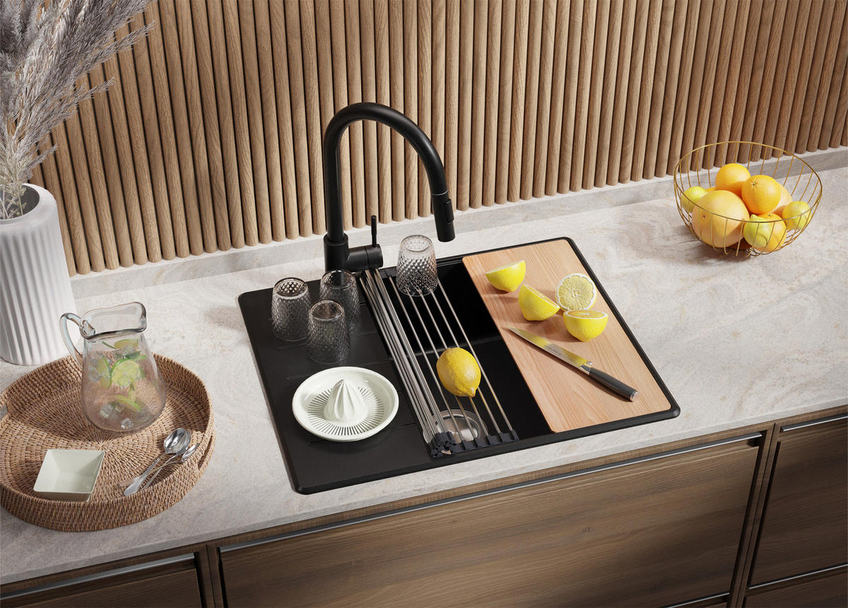 SPÜLBECKEN Kopenhagen, 2-er set Alles Schwarz 62/50 cm 1 Becken + Ablauf-Set + Schneidebrett ab 50er Unterschrank - Beige/Schwarz, Kunststoff (62/20/50cm) - Primagran