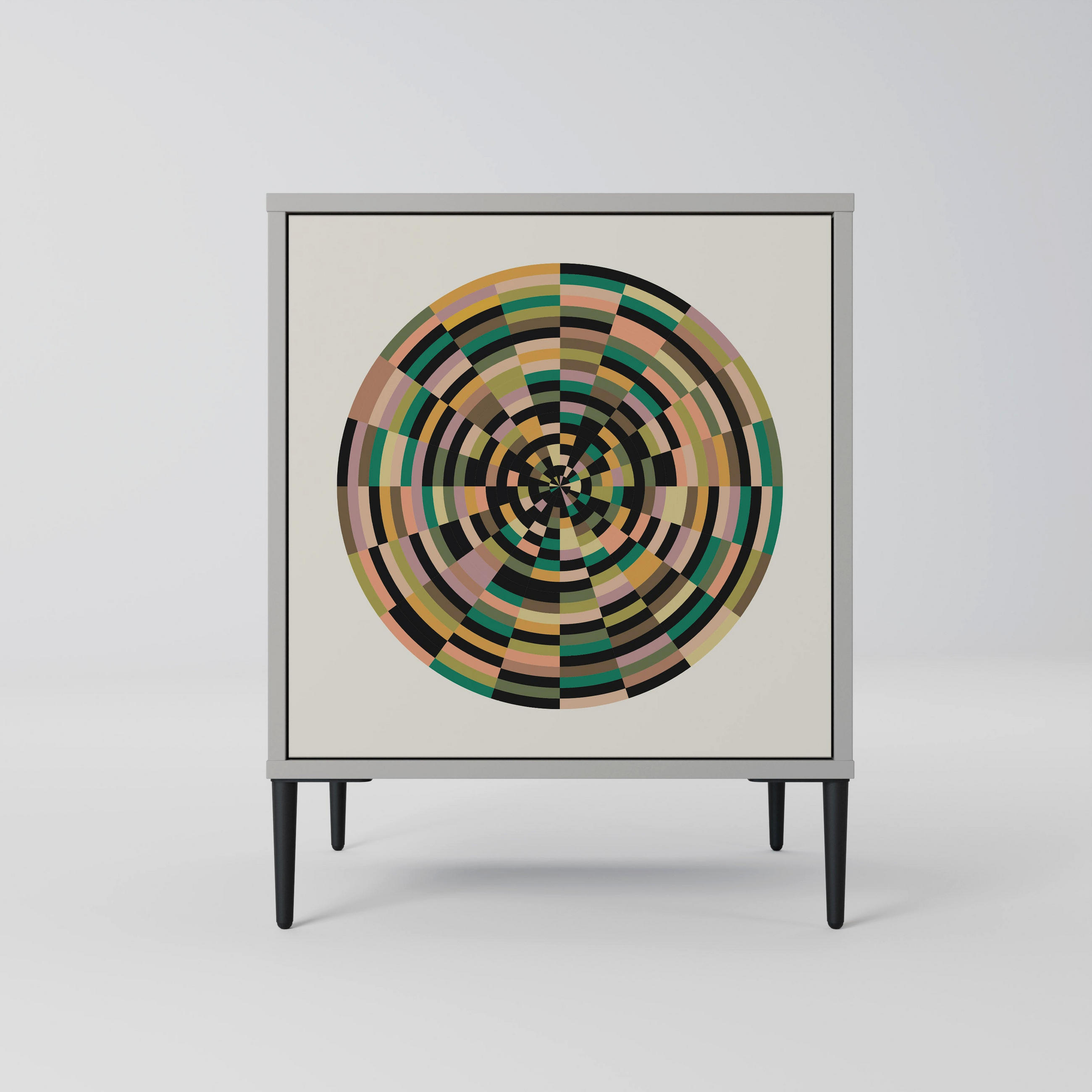 SIDEBOARD GREEN CIRCLES, Grau, 57,5x42x72,5 cm, Schwarze Metallfüße - Multicolor/Schwarz, Holzwerkstoff/Metall (57.5/72.5/42cm) - SpaceRebels
