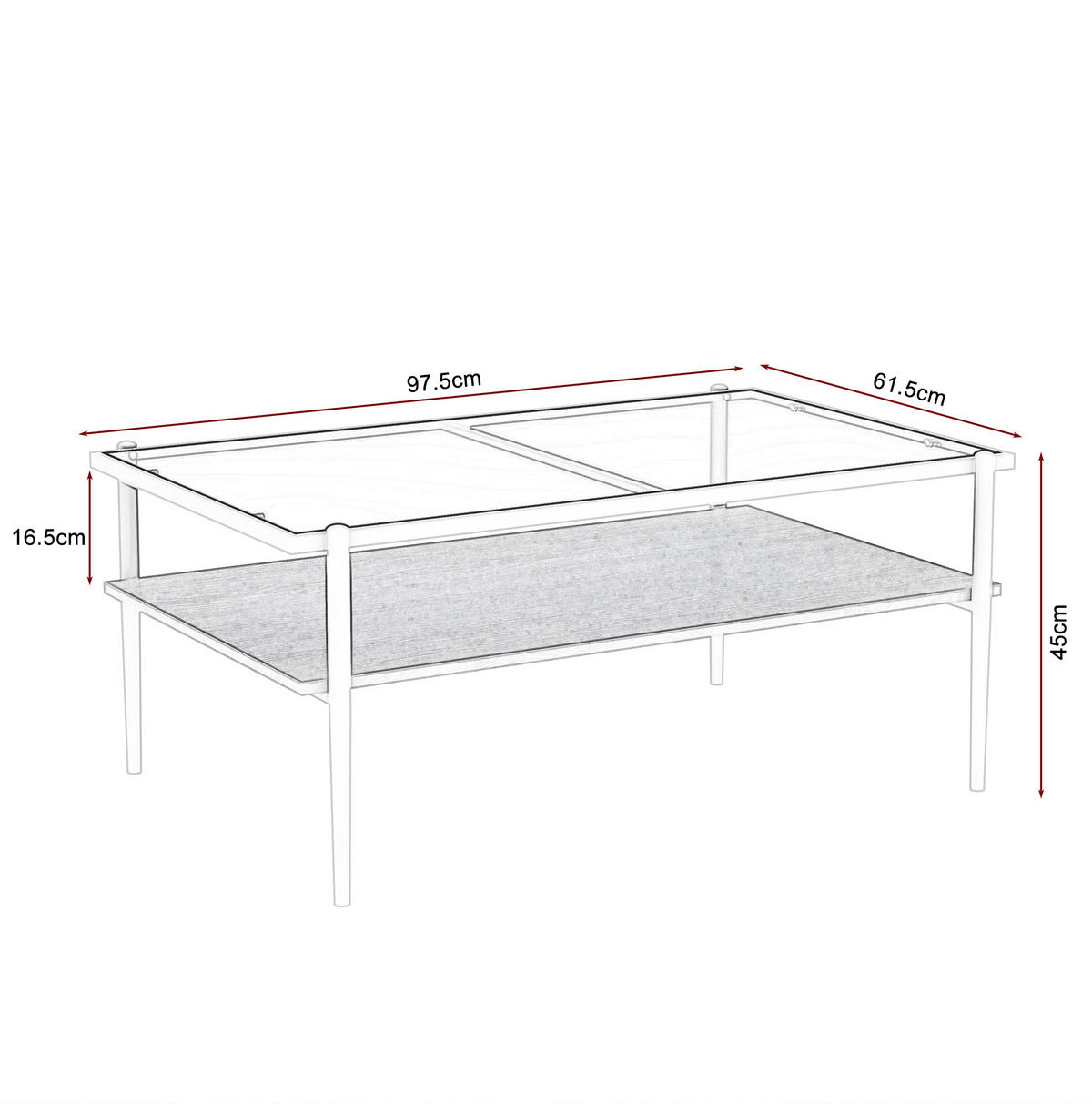 COUCHTISCH 61,5/97,5/45 cm mit Glasplatte, Ablagefach und Metallbeinen, Grau/Weiß - Weiß, Glas (97.5/61.5/45cm) - Redom