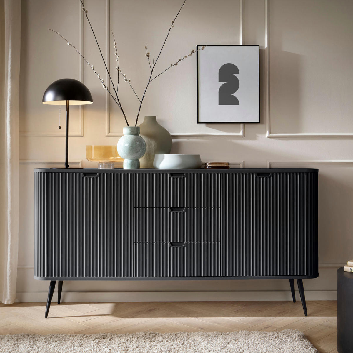 SIDEBOARD MORDEN KOM2 Abgerundeter Korpus Schwarz Schwarz - Schwarz, Holzwerkstoff/Kunststoff (168/87/39cm) - Komodee