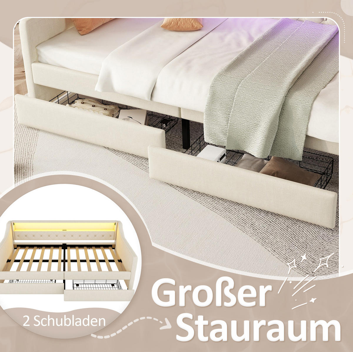 POLSTERBETT 90/200 cm Beige aus Leinen und MDF mit LED-Beleuchtung und 2 Schubladen - Beige, Textil (90/200cm) - OKMYHOME
