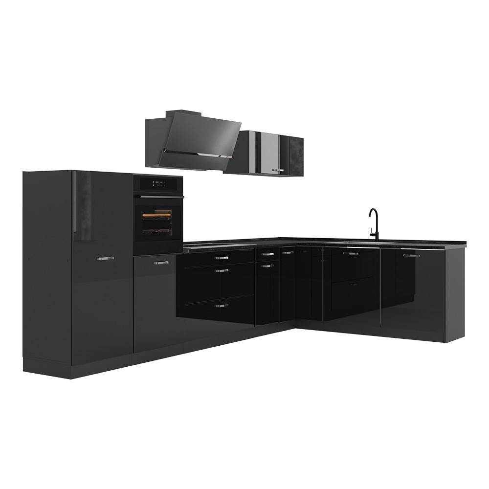 Vicco Eckküche Schwarz Hochglanz, Anthrazit 347x143x60 cm