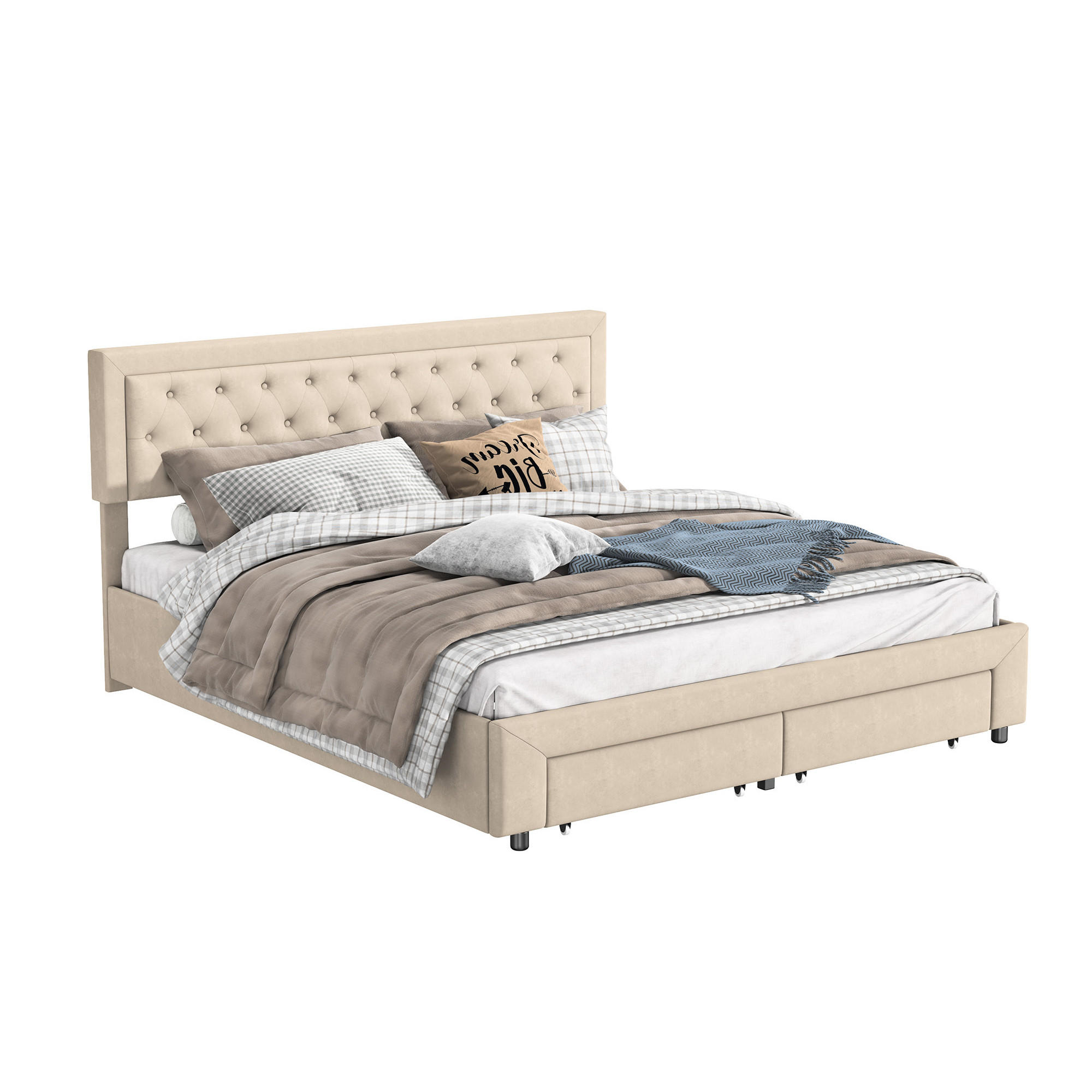 DOPPELBETT 160x200 cm Beige Samt, Hydraulischer Bettkasten und 2 Schubladen, Diamant-Knopfheftung, Tragfähigkeit 300 kg, Skandinavischer Stil - Beige, Metall (160/200cm) - GENKI LIVING