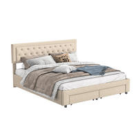 DOPPELBETT 160x200 cm Beige Samt, Hydraulischer Bettkasten und 2 Schubladen, Diamant-Knopfheftung, Tragfähigkeit 300 kg, Skandinavischer Stil - Beige, Metall (160/200cm) - GENKI LIVING