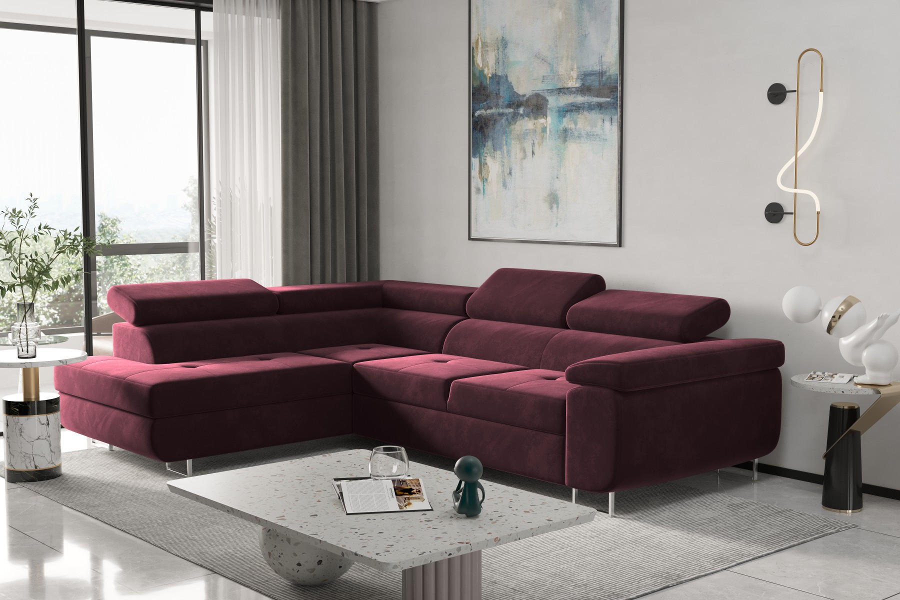 ECKSOFA mit Schlaffunktion und Bettkasten ATOM Rotwein Links - Dunkelrot, Holz/Textil (202/275cm) - Kaiser Möbel