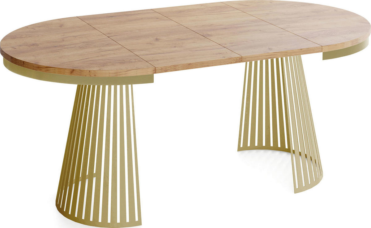 ESSTISCH Naro rund ausziehbar mit Goldem Lamellen-Metallgestell, Eiche Braun 120-200/120/76 cm - Eiche Wotan/Goldfarben, Holzwerkstoff/Metall (100/200/76cm) - WFL GROUP